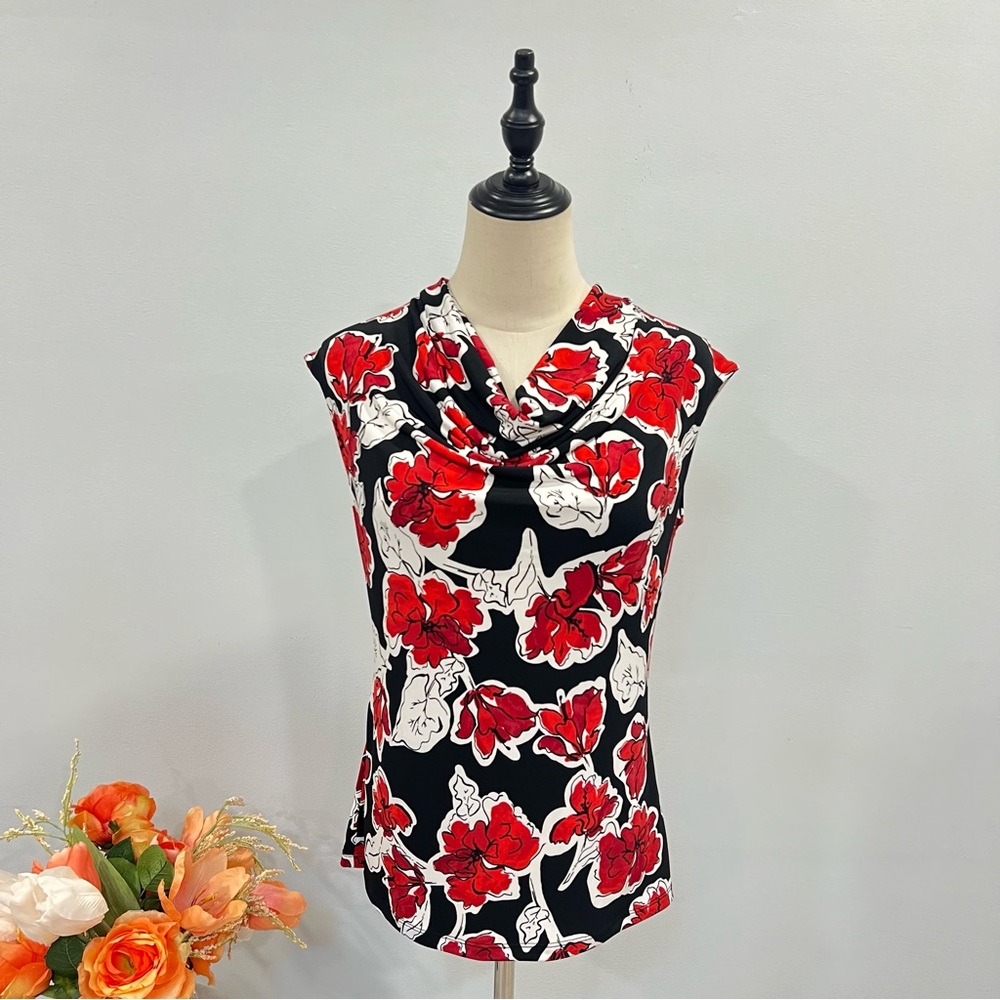 Kasper Black & Red Multi Floral Cowl Neck Sleeveless Blouse Top Size S - Reemoly